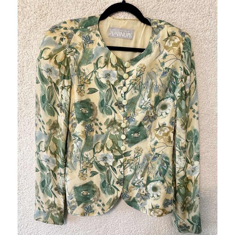 VTG Platinum Dorothy Schoelen Jacket Blazer Top Womens Green Floral - Picture 7 of 12